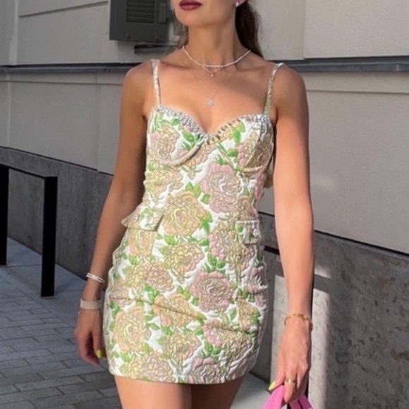 ZARA Floral Jacquard Mini Dress with Rhinestone Trim - Size L - Picture 2 of 12